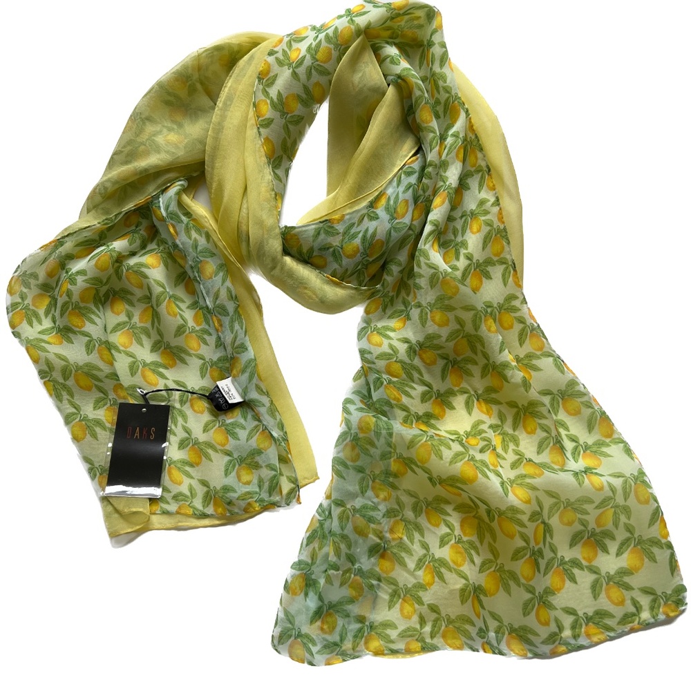 Daks Silk Scarf Green Yellow Lemons Rectangle  2 Sided 31” x 66” New with Tag